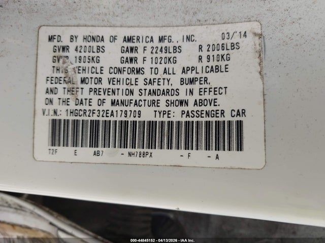 44845152 :رقم المزاد ، 1HGCR2F32EA179709 vin ، 2014 Honda Accord Lx مزاد بيع