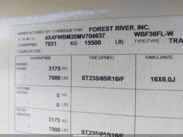 Продаж на аукціоні авто 2021 Forest River Wildwood Hertiage Glen Elite 36fl Travel Trailer, vin: 4X4FWBM20MV704637, номер лоту: 44845156