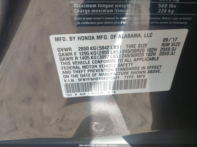 5FNYF6H01HB073321 Honda Pilot Elite