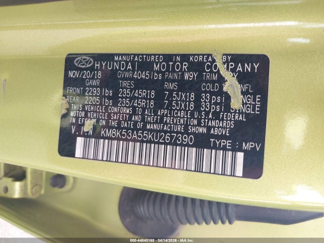 2019 Hyundai Kona Ultimate მანქანა იყიდება აუქციონზე, vin: KM8K53A55KU267390, აუქციონის ნომერი: 44845168