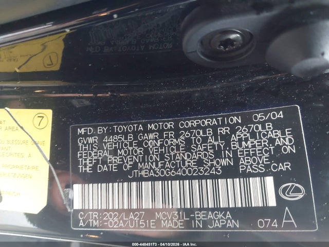 44845173 :رقم المزاد ، JTHBA30G640023243 vin ، 2004 Lexus Es 330 مزاد بيع