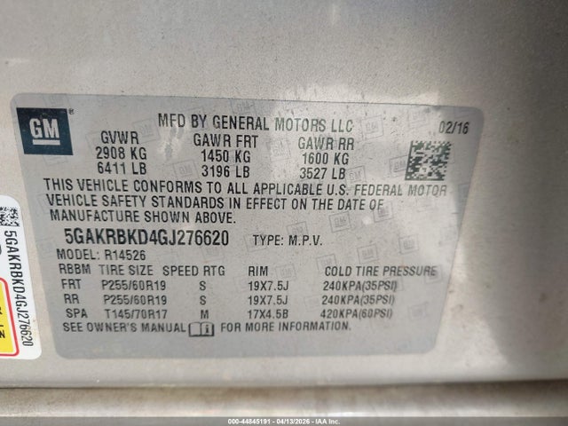 Auction sale of the 2016 Buick Enclave Leather, vin: 5GAKRBKD4GJ276620, lot number: 44845191