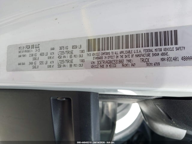 Aukcja sprzedaży 2019 Ram Promaster 1500 Low Roof 136 Wb, vin: 3C6TRVAG8KE531802, numer aukcji: 44845215