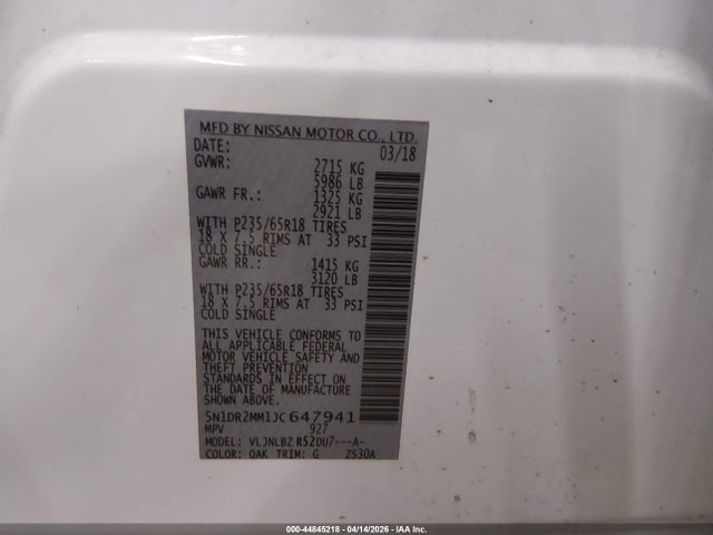 Продаж на аукціоні авто 2018 Nissan Pathfinder S, vin: 5N1DR2MM1JC647941, номер лоту: 44845218