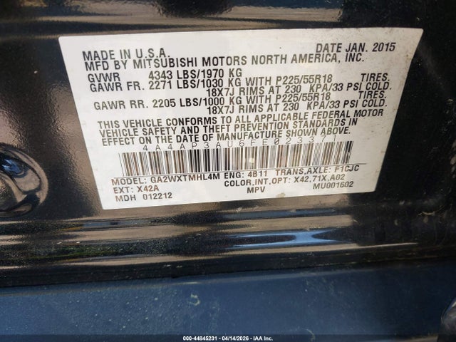 Aukcja sprzedaży 2015 Mitsubishi Outlander Sport Es, vin: 4A4AP3AU6FE023371, numer aukcji: 44845231
