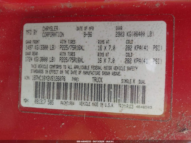 Aukcja sprzedaży 1997 Dodge Ram 1500 Lt, vin: 1B7HC16Y2VS126076, numer aukcji: 44845233