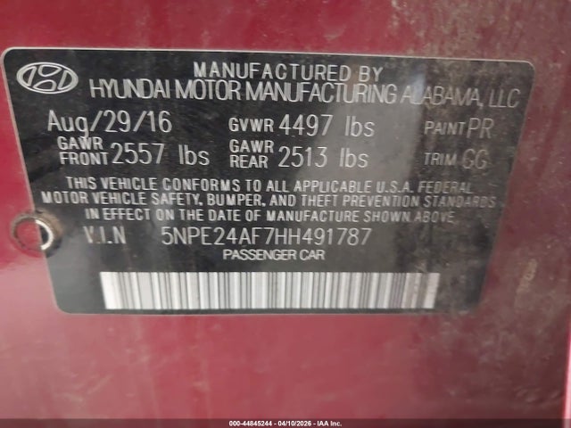 2017 Hyundai Sonata მანქანა იყიდება აუქციონზე, vin: 5NPE24AF7HH491787, აუქციონის ნომერი: 44845244
