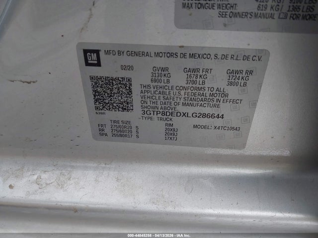 44845258 :رقم المزاد ، 3GTP8DEDXLG286644 vin ، 2020 Gmc Sierra 1500 2wd  Short Box Slt مزاد بيع
