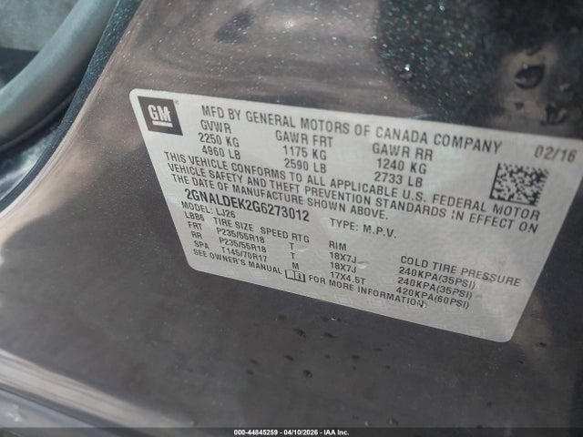 Продаж на аукціоні авто 2016 Chevrolet Equinox Ltz, vin: 2GNALDEK2G6273012, номер лоту: 44845259
