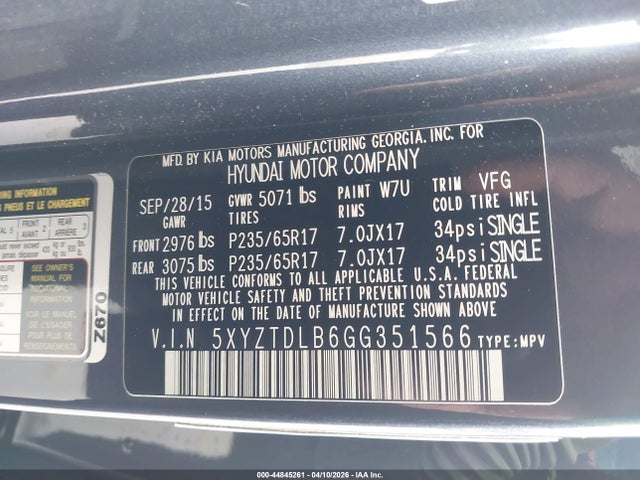 Aukcja sprzedaży 2016 Hyundai Santa Fe Sport 2.4l, vin: 5XYZTDLB6GG351566, numer aukcji: 44845261