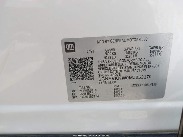 Aukcja sprzedaży 2021 Chevrolet Traverse Awd Premier, vin: 1GNEVKKW0MJ253170, numer aukcji: 44845272