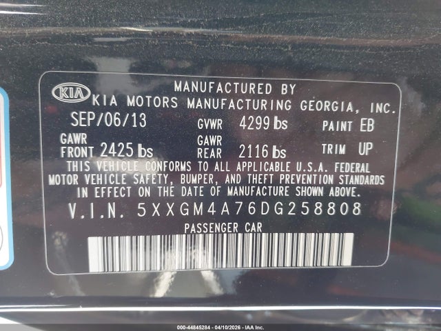 44845284 :رقم المزاد ، 5XXGM4A76DG258808 vin ، 2013 Kia Optima Lx مزاد بيع