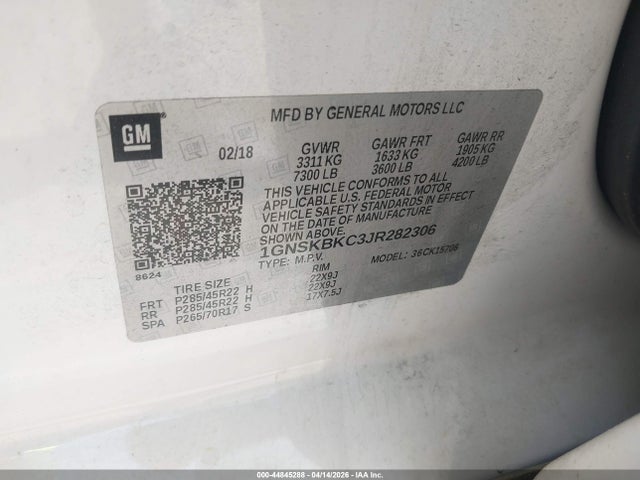 44845288 :رقم المزاد ، 1GNSKBKC3JR282306 vin ، 2018 Chevrolet Tahoe Lt مزاد بيع