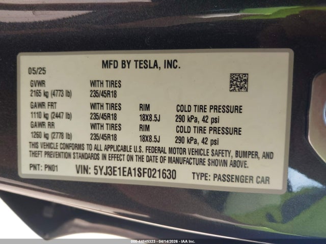 Aukcja sprzedaży 2025 Tesla Model 3 Long Range Rear-wheel Drive/standard Rear-wheel Drive, vin: 5YJ3E1EA1SF021630, numer aukcji: 44845323