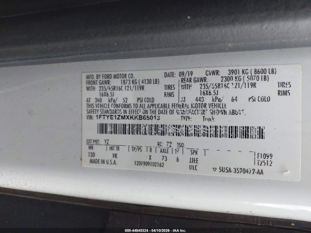 Aukcja sprzedaży 2019 Ford Transit-150, vin: 1FTYE1ZMXKKB65013, numer aukcji: 44845324