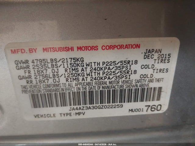 Aukcja sprzedaży 2016 Mitsubishi Outlander Sel, vin: JA4AZ3A30GZ022259, numer aukcji: 44845344