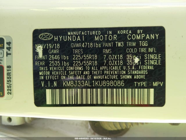 KM8J33AL1KU898086 Hyundai TUCSON SEL