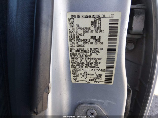 44845358 :رقم المزاد ، 1N6ED27T21C392742 vin ، 2001 Nissan Frontier Se-v6 مزاد بيع