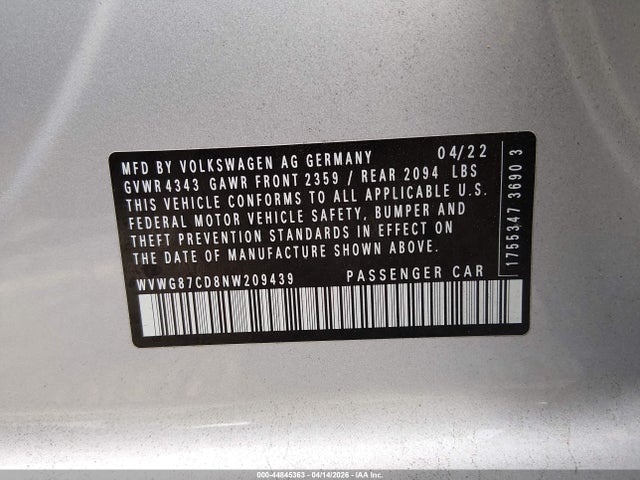 2022 Volkswagen Golf Gti 2.0t S მანქანა იყიდება აუქციონზე, vin: WVWG87CD8NW209439, აუქციონის ნომერი: 44845363