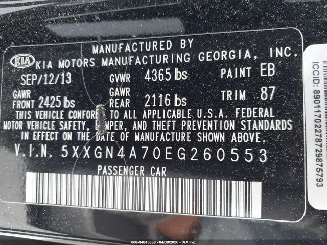 Продажа на аукционе авто 2014 Kia Optima Ex, vin: 5XXGN4A70EG260553, номер лота: 44845368
