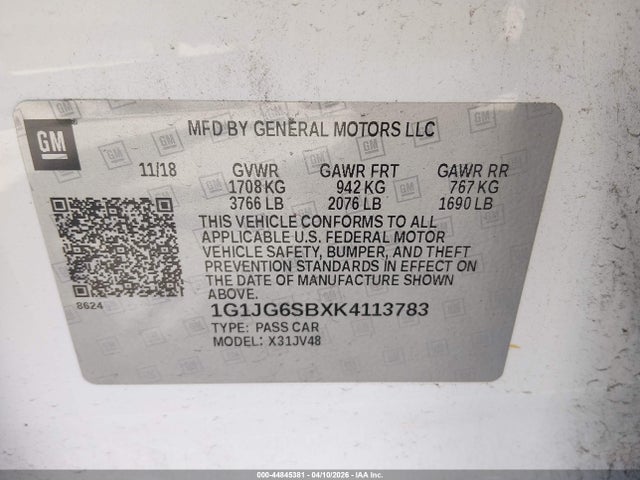 Auction sale of the 2019 Chevrolet Sonic Lt Auto, vin: 1G1JG6SBXK4113783, lot number: 44845381