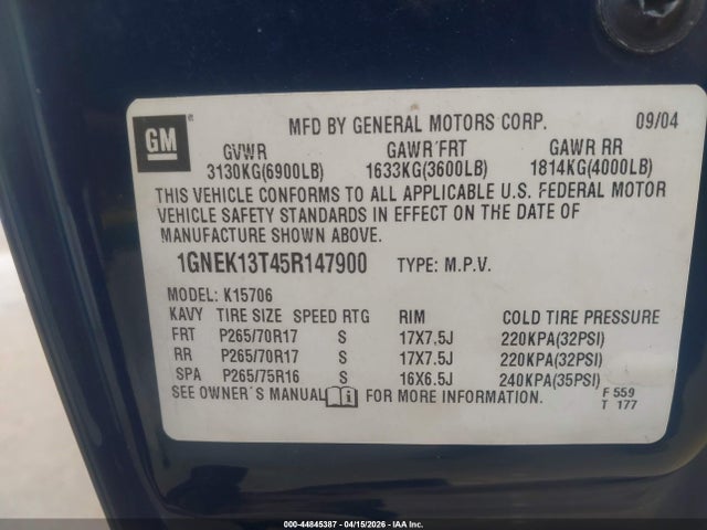 44845387 :رقم المزاد ، 1GNEK13T45R147900 vin ، 2005 Chevrolet Tahoe Lt مزاد بيع