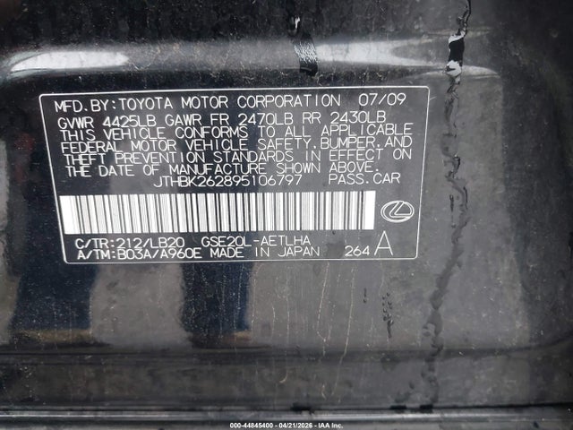 Aukcja sprzedaży 2009 Lexus Is 250, vin: JTHBK262895106797, numer aukcji: 44845400