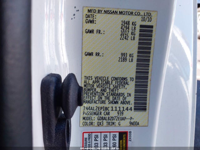 2011 Nissan Altima 2.5 S მანქანა იყიდება აუქციონზე, vin: 1N4AL2EP1BC111144, აუქციონის ნომერი: 44845401