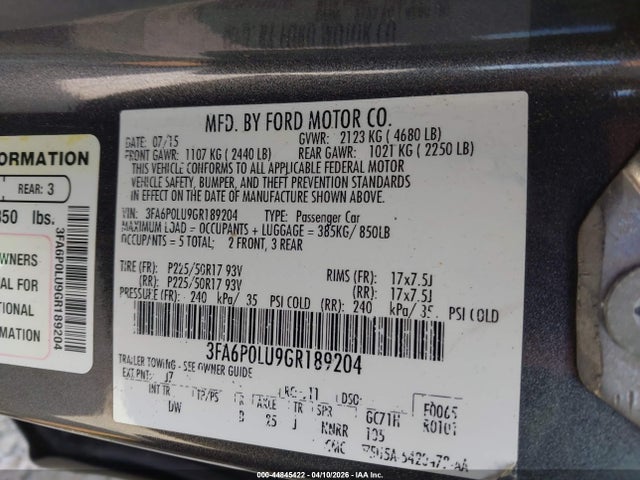 2016 Ford Fusion Hybrid Se მანქანა იყიდება აუქციონზე, vin: 3FA6P0LU9GR189204, აუქციონის ნომერი: 44845422