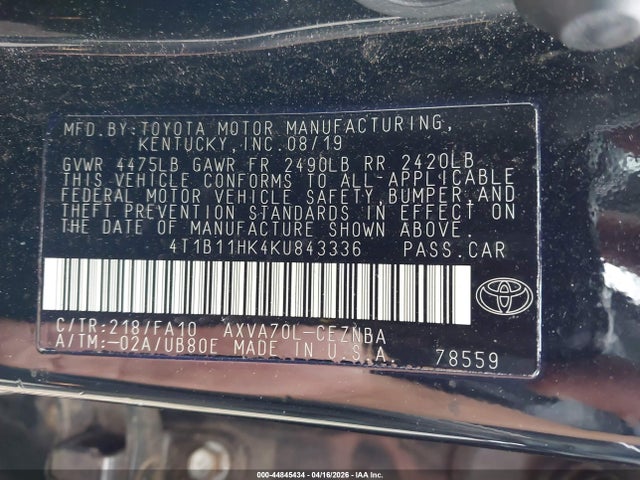 Продаж на аукціоні авто 2019 Toyota Camry Le, vin: 4T1B11HK4KU843336, номер лоту: 44845434