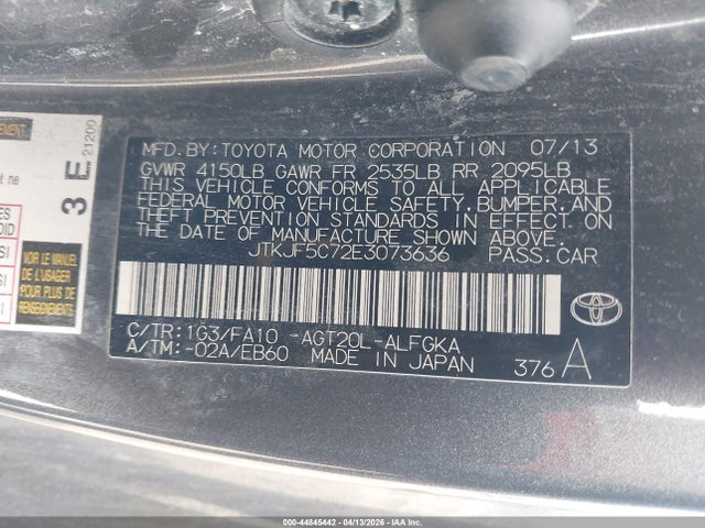 2014 Scion Tc მანქანა იყიდება აუქციონზე, vin: JTKJF5C72E3073636, აუქციონის ნომერი: 44845442