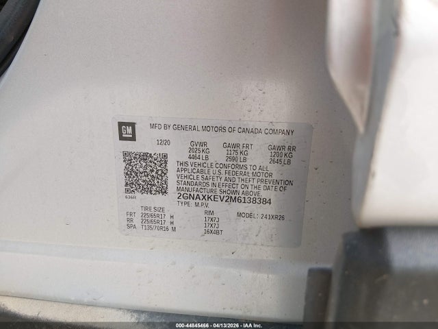 44845466 :رقم المزاد ، 2GNAXKEV2M6138384 vin ، 2021 Chevrolet Equinox Fwd Lt مزاد بيع