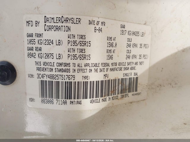 Продажа на аукционе авто 2005 Chrysler Pt Cruiser, vin: 3C4FY48B25T517679, номер лота: 44845467