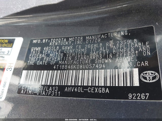 2008 TOYOTA CAMRY HYBRID 4T1BB46K08U057494 Photo 8