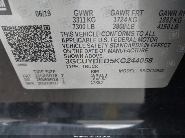 Aukcja sprzedaży 2019 Chevrolet Silverado 1500 Lt, vin: 3GCUYDED5KG244058, numer aukcji: 44845473
