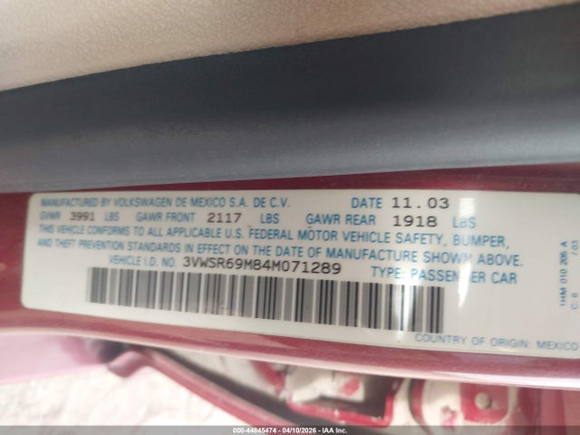 Aukcja sprzedaży 2004 Volkswagen Jetta Gls Tdi, vin: 3VWSR69M84M071289, numer aukcji: 44845474