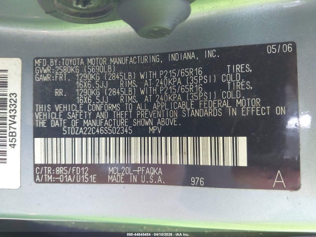 Продажа на аукционе авто 2006 Toyota Sienna Xle, vin: 5TDZA22C46S502345, номер лота: 44845484