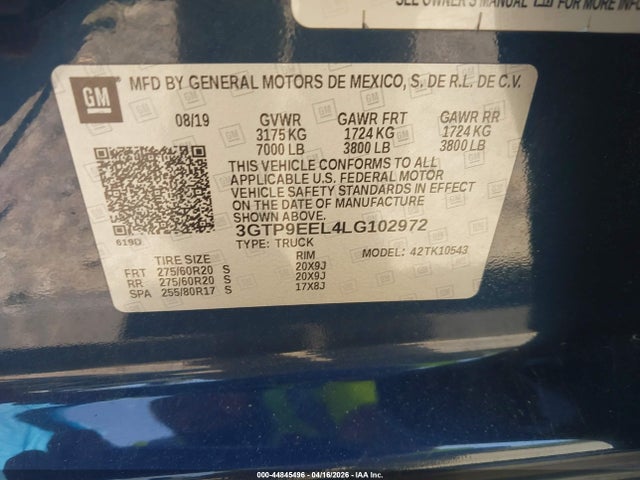 Aukcja sprzedaży 2020 Gmc Sierra 1500 4wd  Short Box At4, vin: 3GTP9EEL4LG102972, numer aukcji: 44845496