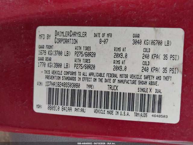 Продажа на аукционе авто 2008 Dodge Ram 1500 Slt, vin: 1D7HA18248S503080, номер лота: 44845502