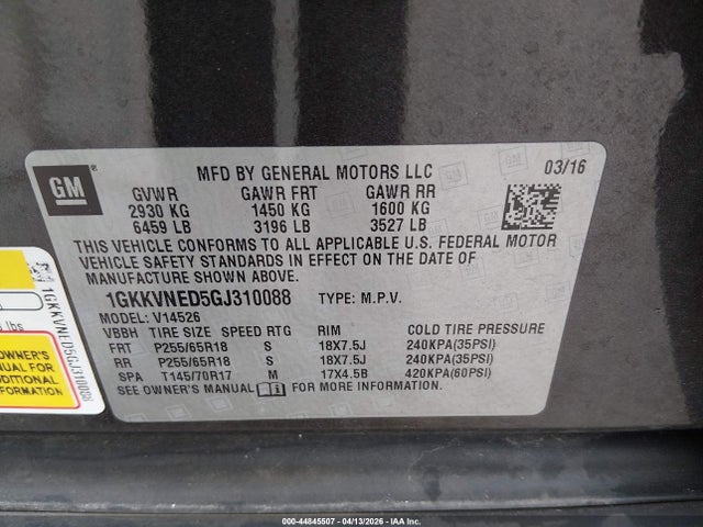 Aukcja sprzedaży 2016 Gmc Acadia Sle-1, vin: 1GKKVNED5GJ310088, numer aukcji: 44845507