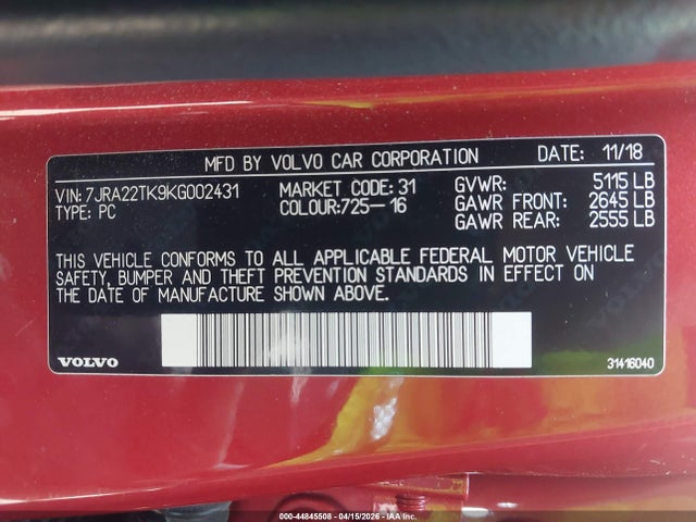 2019 Volvo S60 T6 Momentum მანქანა იყიდება აუქციონზე, vin: 7JRA22TK9KG002431, აუქციონის ნომერი: 44845508