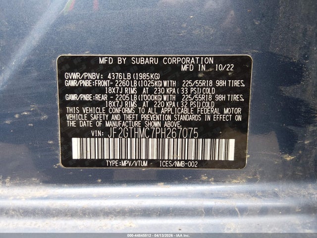 44845512 :رقم المزاد ، JF2GTHMC7PH267075 vin ، 2023 Subaru Crosstrek Limited مزاد بيع