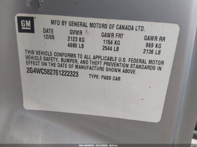 Aukcja sprzedaży 2006 Buick Lacrosse Cx, vin: 2G4WC582761222323, numer aukcji: 44845526