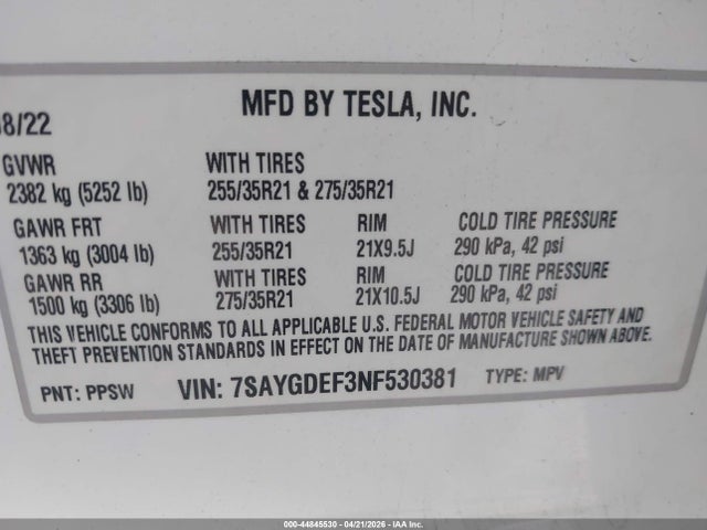 2022 Tesla Model Y Performance Dual Motor All-wheel Drive მანქანა იყიდება აუქციონზე, vin: 7SAYGDEF3NF530381, აუქციონის ნომერი: 44845530