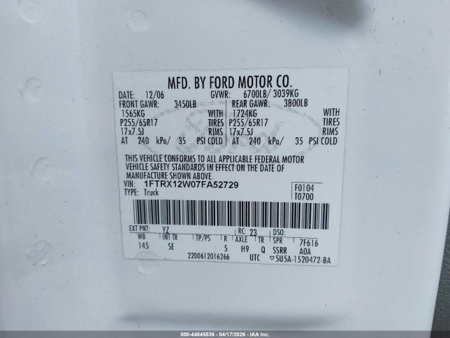44845536 :رقم المزاد ، 1FTRX12W07FA52729 vin ، 2007 Ford F-150 Stx/xl/xlt مزاد بيع