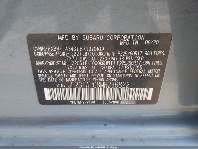 2021 Subaru Crosstrek Premium მანქანა იყიდება აუქციონზე, vin: JF2GTAPC8MH236822, აუქციონის ნომერი: 44845539