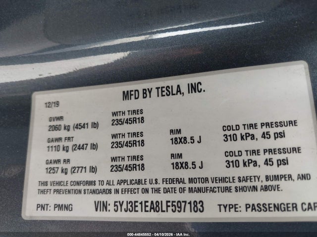 44845552 :رقم المزاد ، 5YJ3E1EA8LF597183 vin ، 2020 Tesla Model 3 Standard Range Plus Rear-wheel Drive/standard Range Rear-wheel Drive مزاد بيع