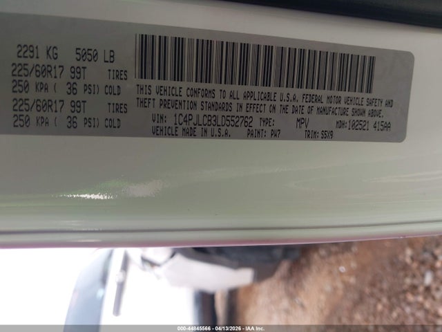 2020 Jeep Cherokee Latitude Fwd მანქანა იყიდება აუქციონზე, vin: 1C4PJLCB3LD552762, აუქციონის ნომერი: 44845566