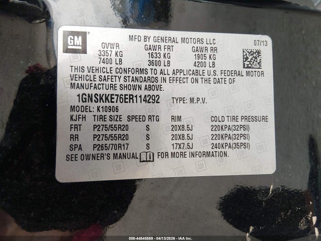 Продажа на аукционе авто 2014 Chevrolet Suburban 1500 Ltz, vin: 1GNSKKE76ER114292, номер лота: 44845569