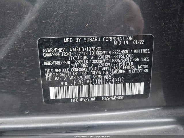 Aukcja sprzedaży 2022 Subaru Crosstrek Premium, vin: JF2GTAEC0NH224393, numer aukcji: 44845591